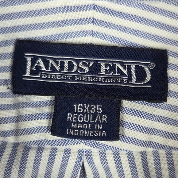 Lands' End Mens 16x35 Reg Blue White Stripe Button Up Long Sleeve Dress Shirt - Picture 6 of 10